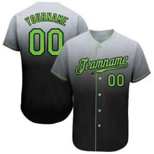 Home Front view of the gray neon green black fade baseball jersey showcasing vibrant colors and stylish design.