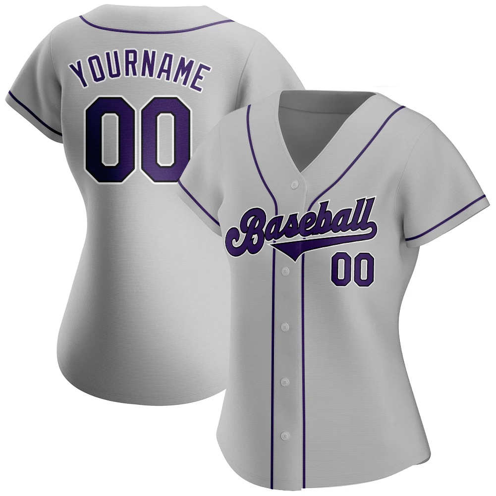 Gray Purple Black Baseball Jersey Back view of the gray purple black baseball jersey displaying player number and personalized name.