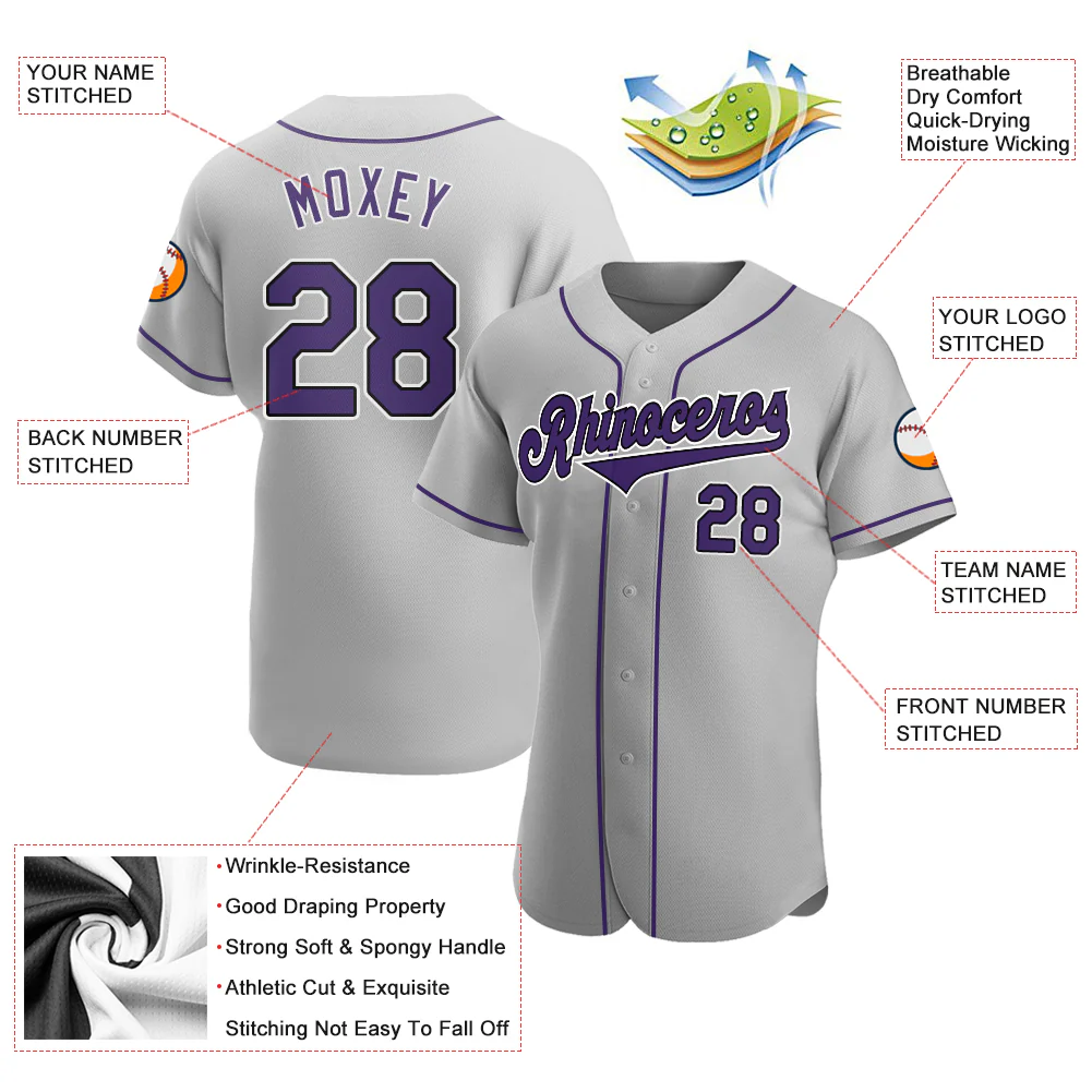 Gray Purple Black Baseball Jersey Detailed close-up of the gray purple black baseball jersey's fabric and stitching, showcasing quality design.