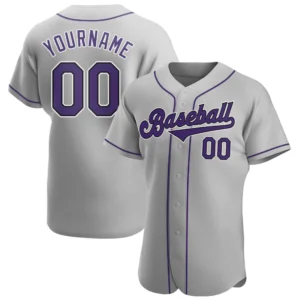 Home Front view of the gray purple black baseball jersey featuring bold 'Baseball' lettering and custom name.