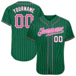 Front view of the custom kelly green white pinstripe baseball jersey featuring pink details.
