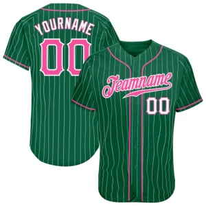 Front view of the custom kelly green white pinstripe baseball jersey featuring pink details.