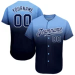 Front view of the light blue navy white fade baseball jersey showcasing team name and number.