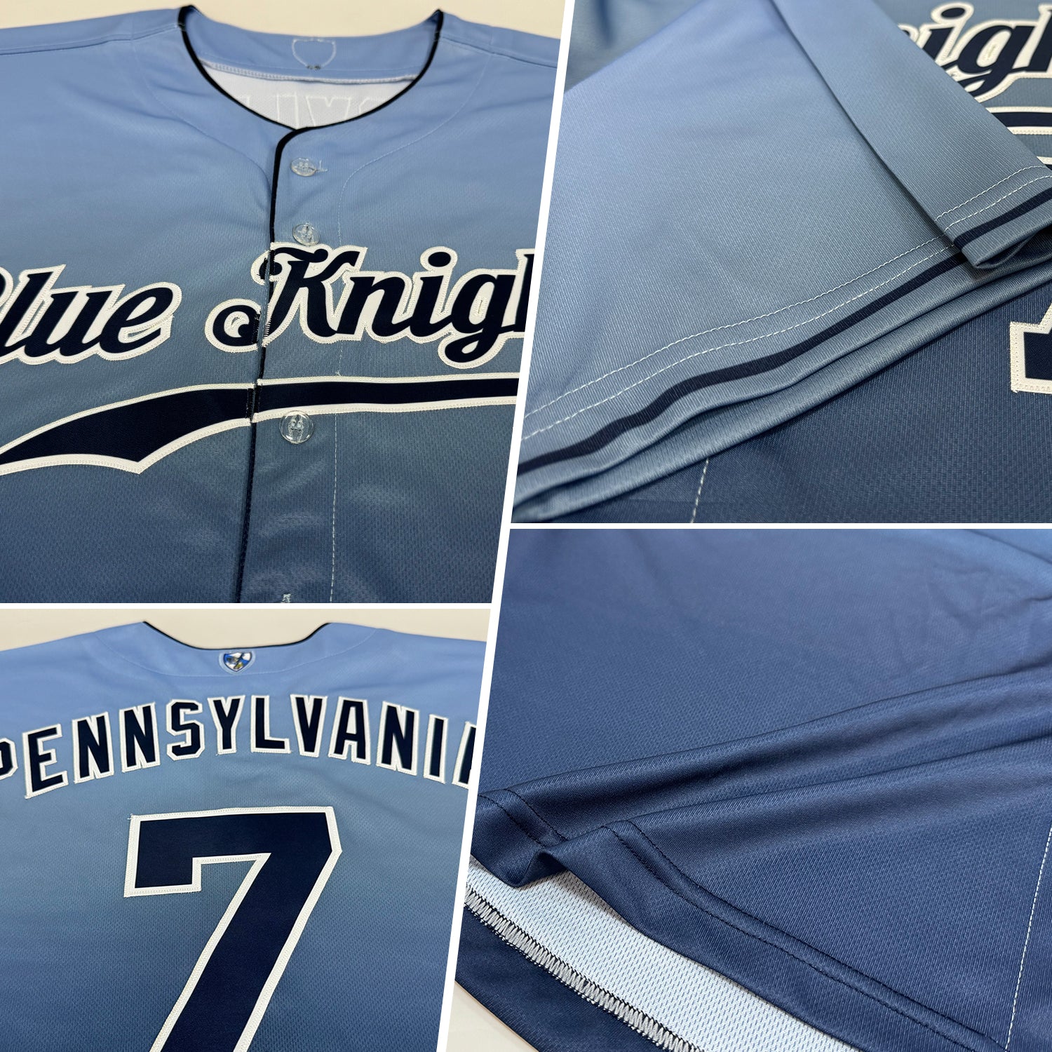 Light Blue Navy White Fade Baseball Jersey Back view of the light blue navy white fade baseball jersey featuring customizable name and number.