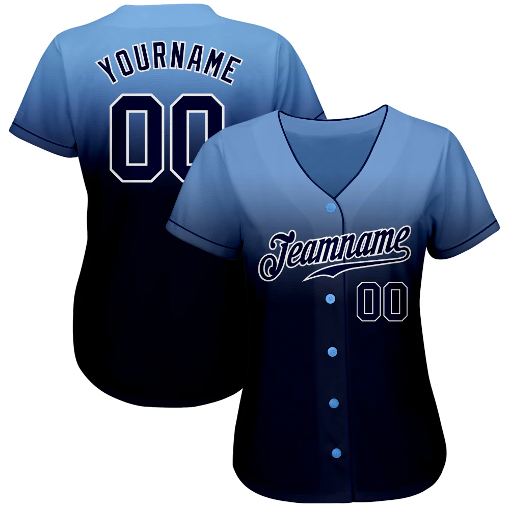 Light Blue Navy White Fade Baseball Jersey Close-up of the light blue navy white fade baseball jersey's fabric highlighting the gradient design.