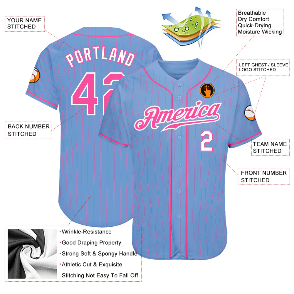 Light Blue Pink Pinstripe Baseball Jersey Detail shot of the light blue pink pinstripe baseball jersey showcasing the elegant pinstripe design and stitching.