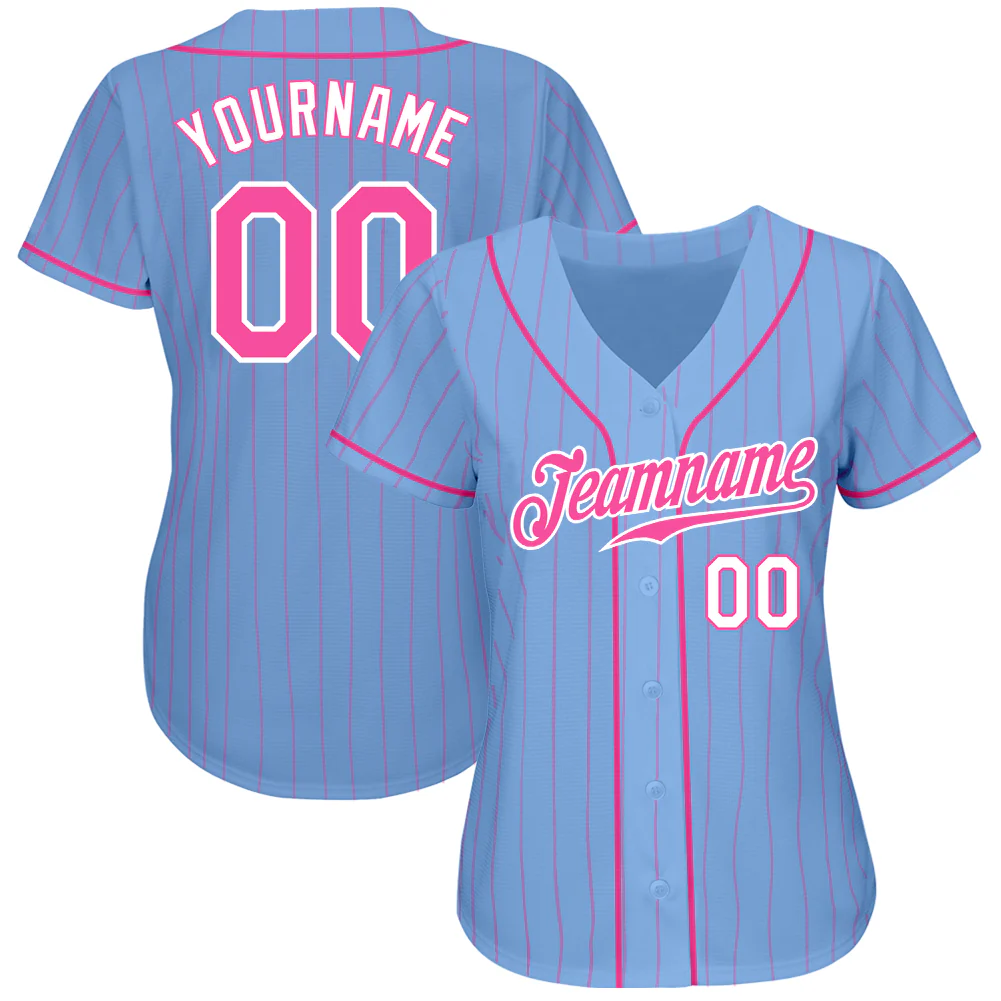 Light Blue Pink Pinstripe Baseball Jersey Back view of the light blue pink pinstripe baseball jersey displaying personalized name and number.