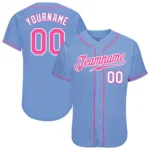 Front view of the light blue pink pinstripe baseball jersey featuring bold team logo and numbers.