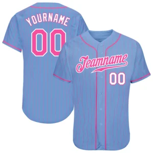Front view of the light blue pink pinstripe baseball jersey featuring bold team logo and numbers.