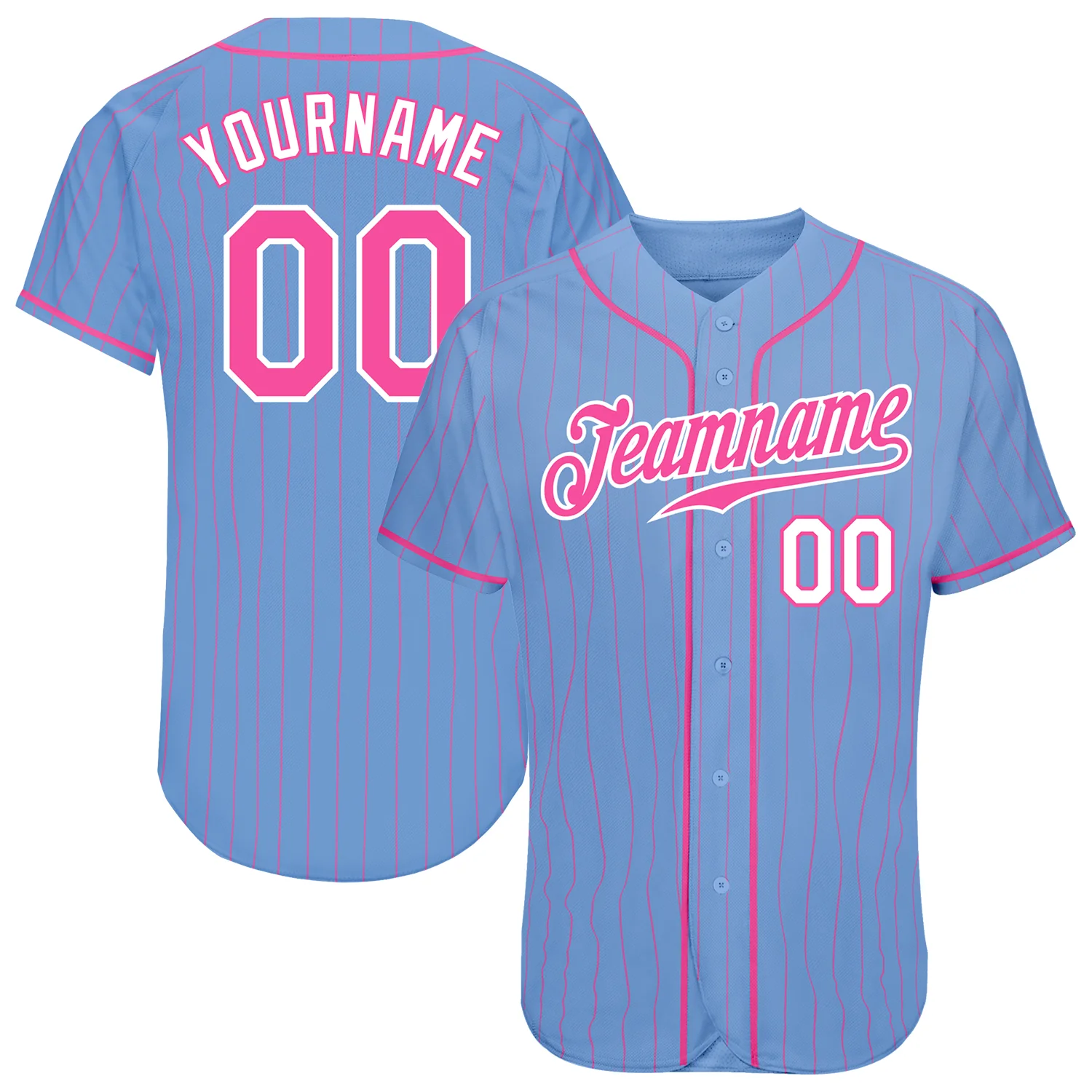 Light Blue Pink Pinstripe Baseball Jersey Front view of the light blue pink pinstripe baseball jersey featuring bold team logo and numbers.