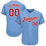 Front view of light blue red white baseball jersey featuring team name and number 00.