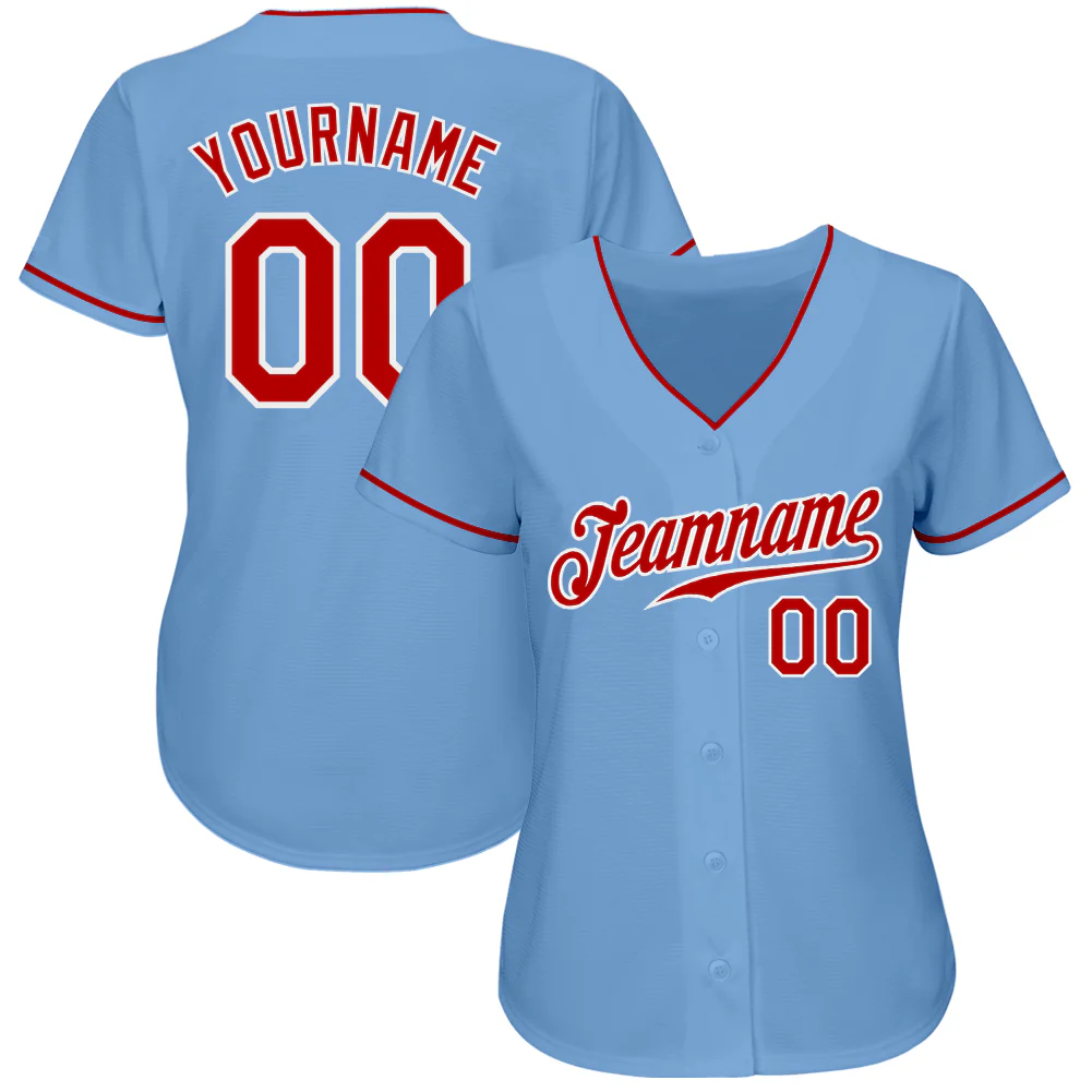Light Blue Red White Baseball Jersey Back view of light blue red white baseball jersey with customizable name and number 00.