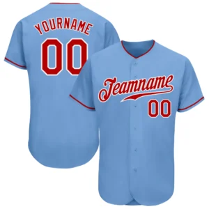Front view of light blue red white baseball jersey featuring team name and number 00.