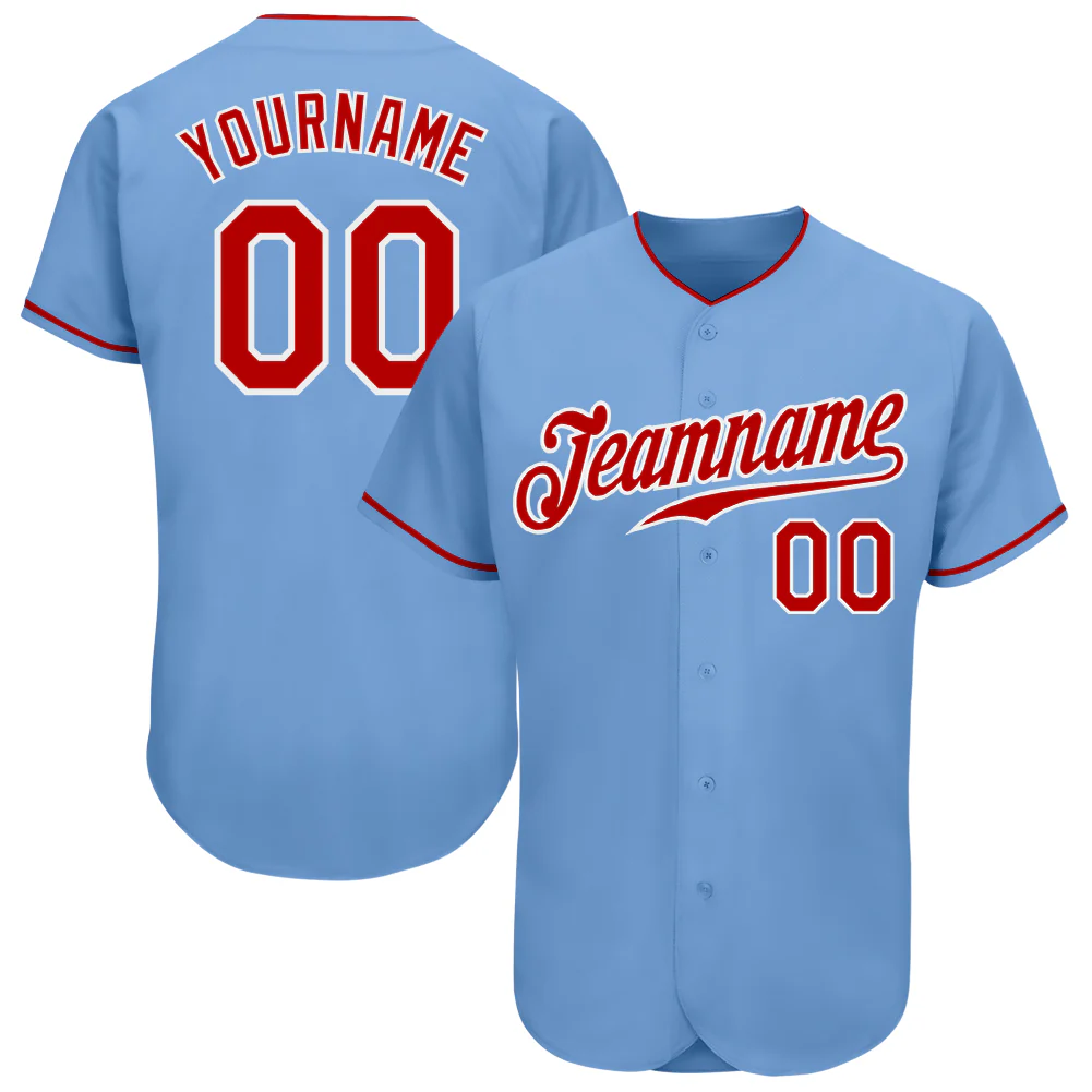 Light Blue Red White Baseball Jersey Front view of light blue red white baseball jersey featuring team name and number 00.