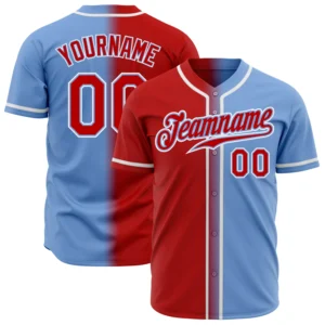 Front view of the light blue red white baseball jersey featuring team name and gradient design.