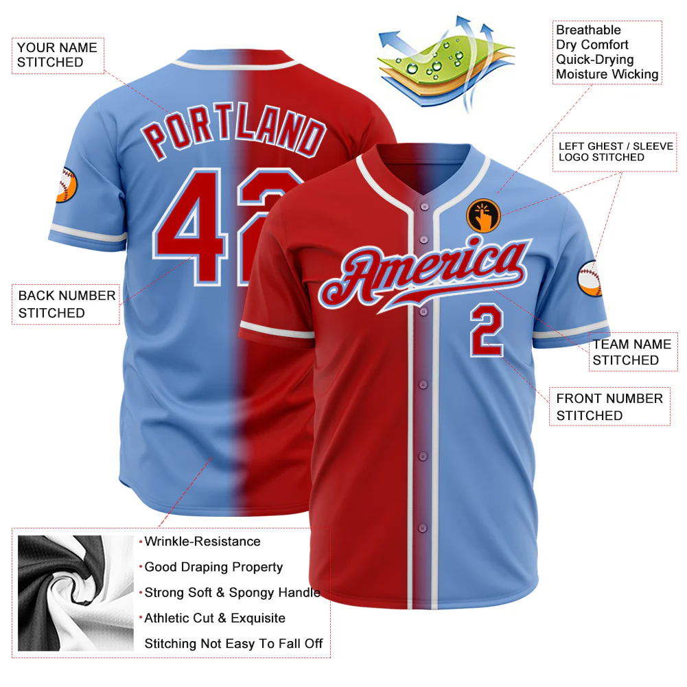 Light Blue Red White Gradient Baseball Jersey Back view of the light blue red white baseball jersey showcasing customizable name and number.