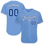 Front view of the light blue white pinstripe baseball jersey showcasing vibrant colors and team logo.