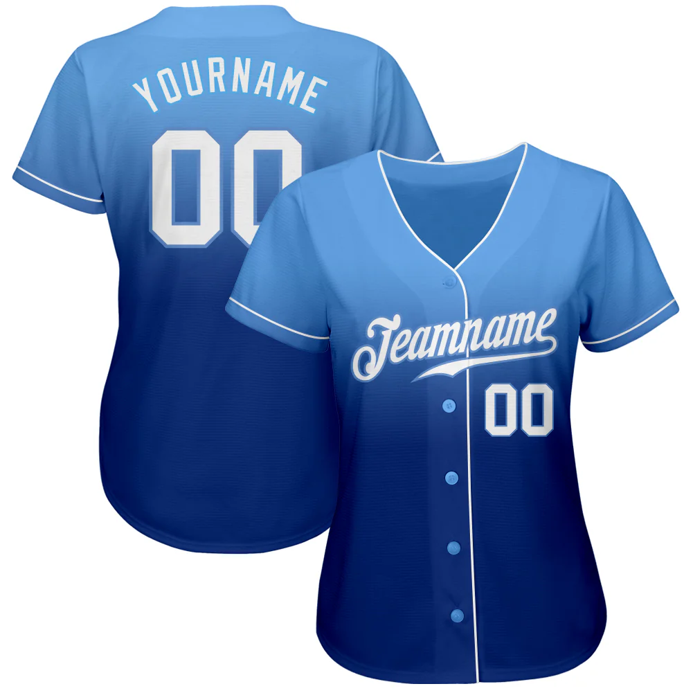 Light Blue White Royal Authentic Fade Baseball Jersey Back view of the light blue white royal authentic fade baseball jersey featuring custom name and number.