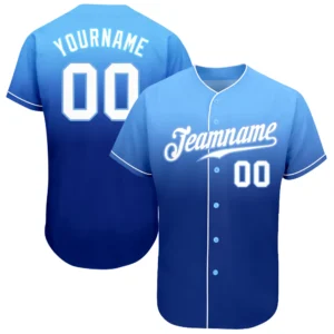 Front view of the light blue white royal authentic fade baseball jersey showcasing the stylish button-up design.