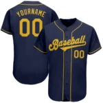 Front view of the navy gold authentic baseball jersey showcasing bold 'Baseball' embroidery.