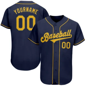 Front view of the navy gold authentic baseball jersey showcasing bold 'Baseball' embroidery.