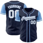 Front view of the custom navy white light blue baseball jersey featuring button details and team name design.