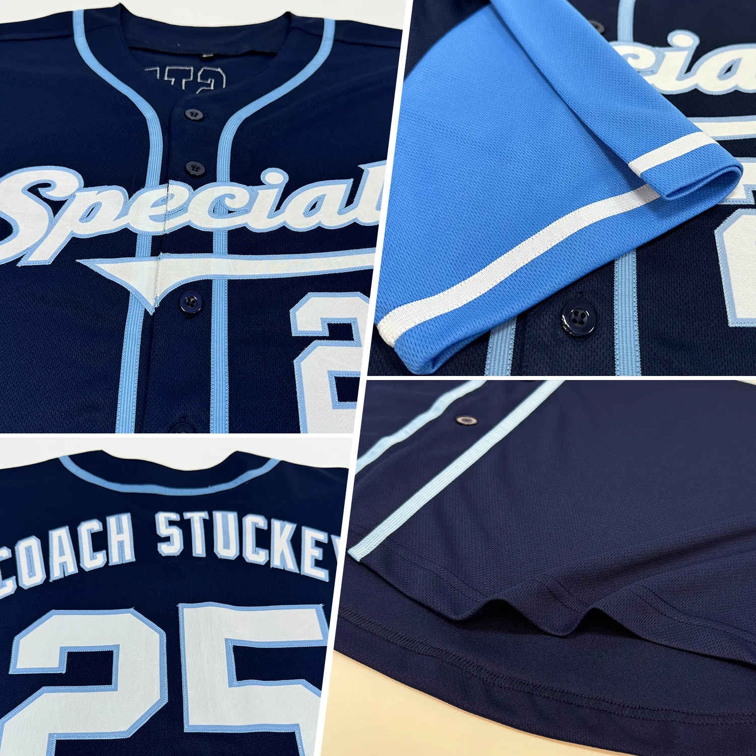 Navy White Light Blue Baseball Jersey Back view of the navy white light blue baseball jersey showcasing personalized name and number.