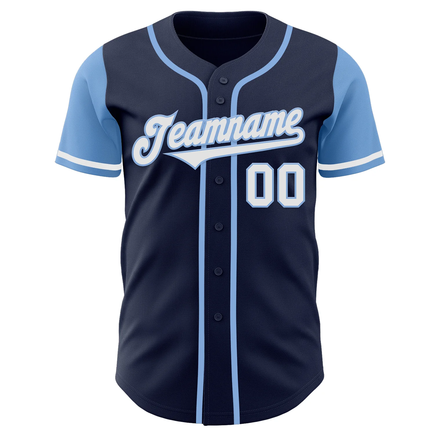 Navy White Light Blue Baseball Jersey Close-up of the custom navy white light blue baseball jersey's sleeve design and fabric texture.