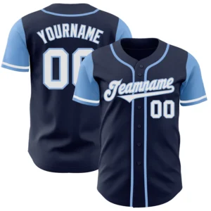 Front view of the custom navy white light blue baseball jersey featuring button details and team name design.