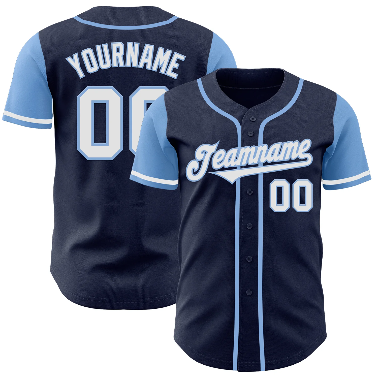 Navy White Light Blue Baseball Jersey Front view of the custom navy white light blue baseball jersey featuring button details and team name design.