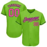 Front view of the neon green pink baseball jersey featuring custom name and bold team logo.