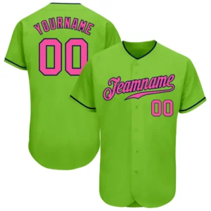 Front view of the neon green pink baseball jersey featuring custom name and bold team logo.