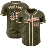 Front view of olive city cream pinstripe baseball jersey showcasing vintage USA flag design.
