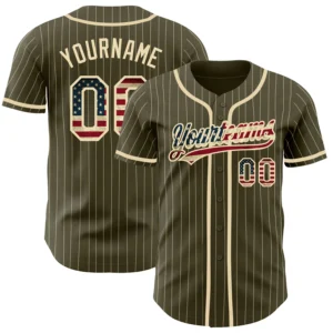 Front view of olive city cream pinstripe baseball jersey showcasing vintage USA flag design.