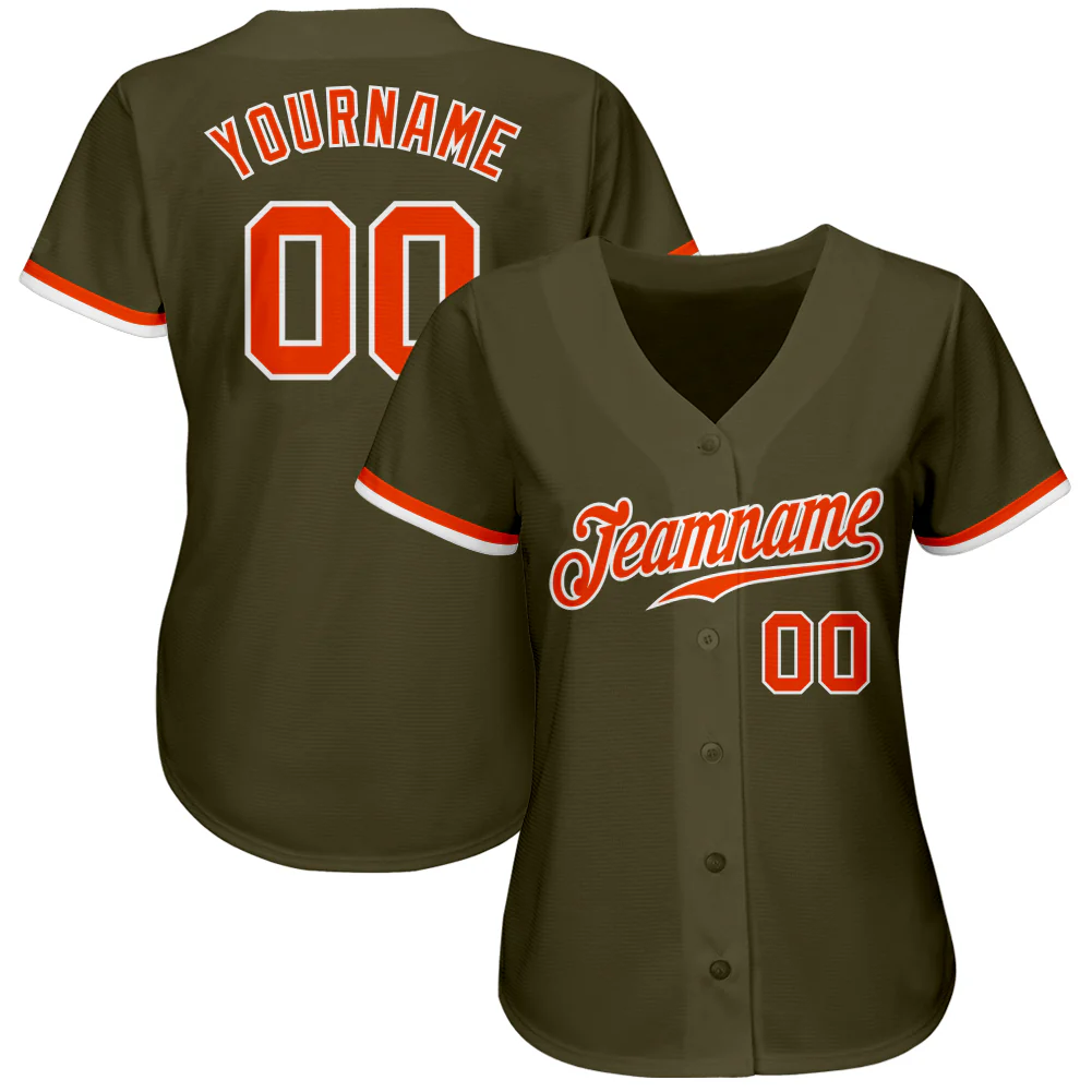 Olive Orange White Salute To Service Baseball Jersey Back view of the olive orange white salute to service jersey displaying customizable name and number in orange.