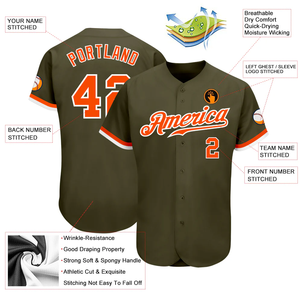 Olive Orange White Salute To Service Baseball Jersey Close-up detail of the olive orange white salute to service jersey showcasing stitching and vibrant color contrasts.