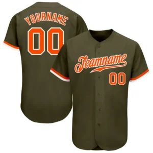 Front view of the olive orange white salute to service jersey featuring 'Teamname' and bold orange accents.