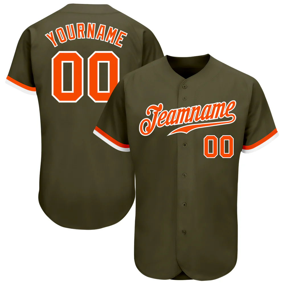 Olive Orange White Salute To Service Baseball Jersey Front view of the olive orange white salute to service jersey featuring 'Teamname' and bold orange accents.