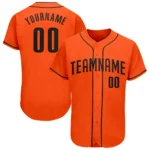 Front view of the custom orange black baseball jersey featuring bold black lettering and buttons.