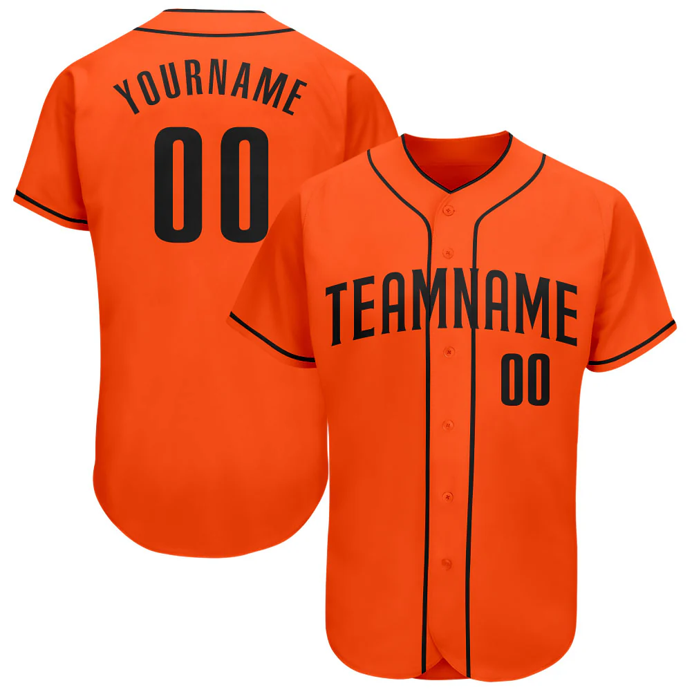 Orange Black Baseball Jersey Front view of the custom orange black baseball jersey featuring bold black lettering and buttons.