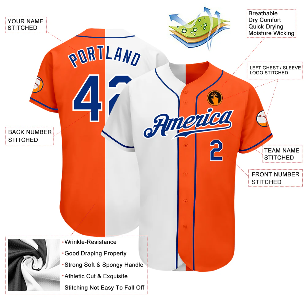 Orange Royal White Fashion Baseball Jersey Detailed close-up of the orange royal white baseball jersey highlighting stitching and fabric texture.