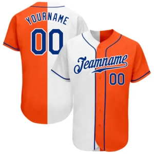Front view of the orange royal white baseball jersey featuring split design and team name.