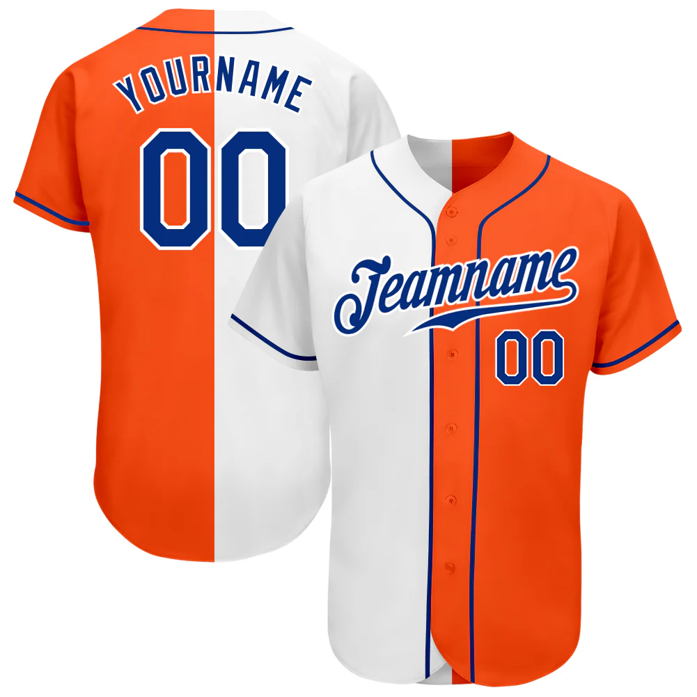 Orange Royal White Fashion Baseball Jersey Front view of the orange royal white baseball jersey featuring split design and team name.