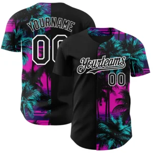 Front view of the pink black white 3D pattern baseball jersey featuring palm trees and vibrant colors.