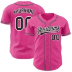 Front view of custom pink black white authentic baseball jersey with team name and number.