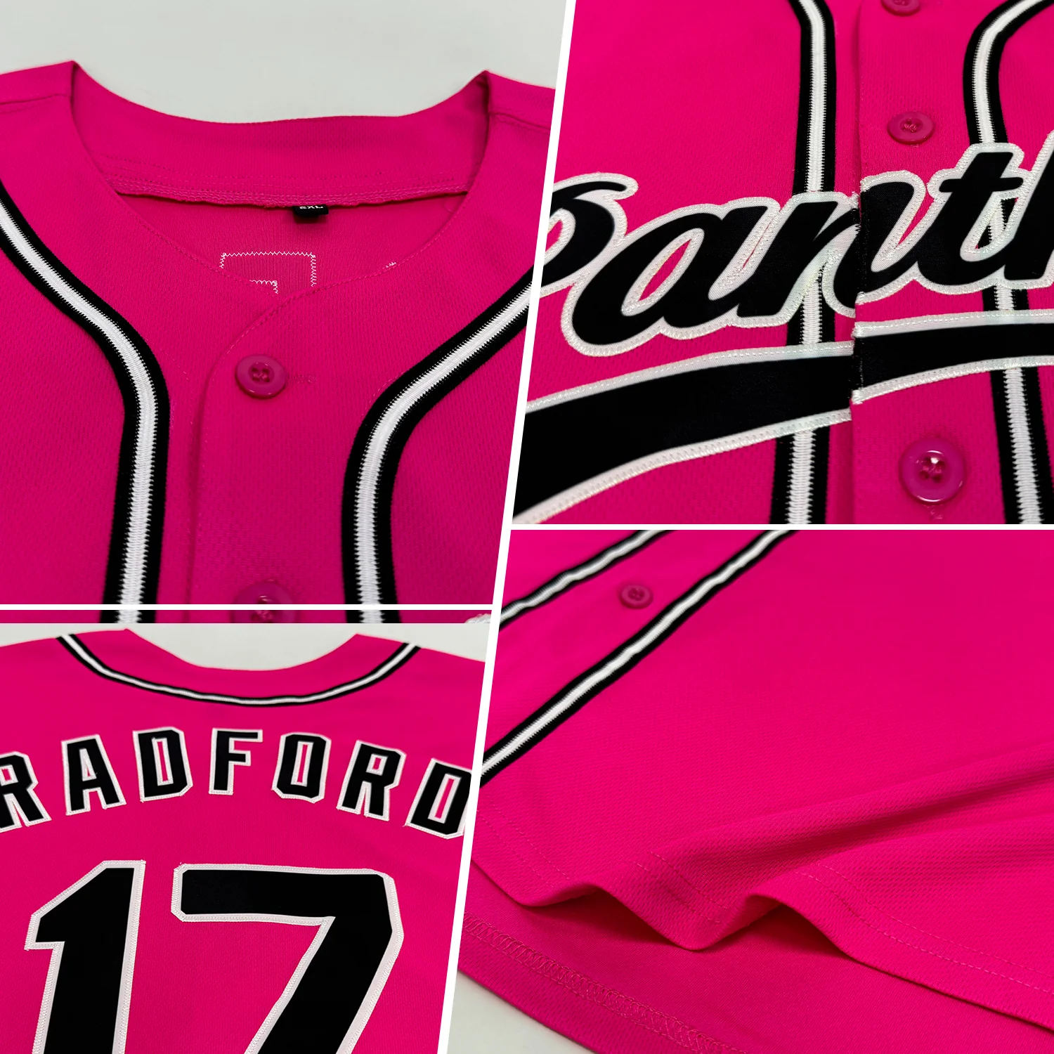 Pink Black White Authentic Baseball Jersey Back view showcasing the vibrant custom pink black white authentic baseball jersey with personalized name.