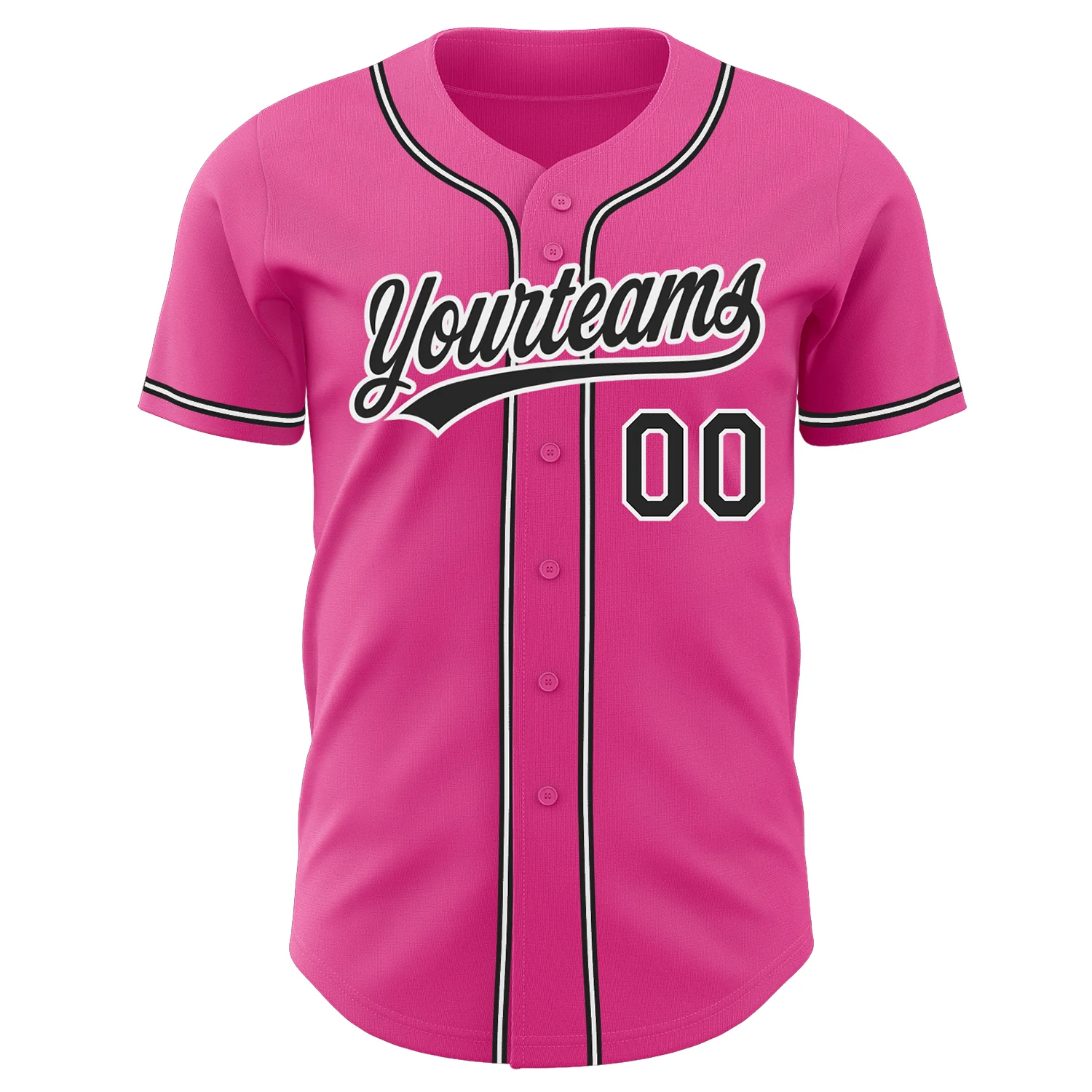 Pink Black White Authentic Baseball Jersey Close-up detail of the custom pink black white authentic baseball jersey's stitching and logo.