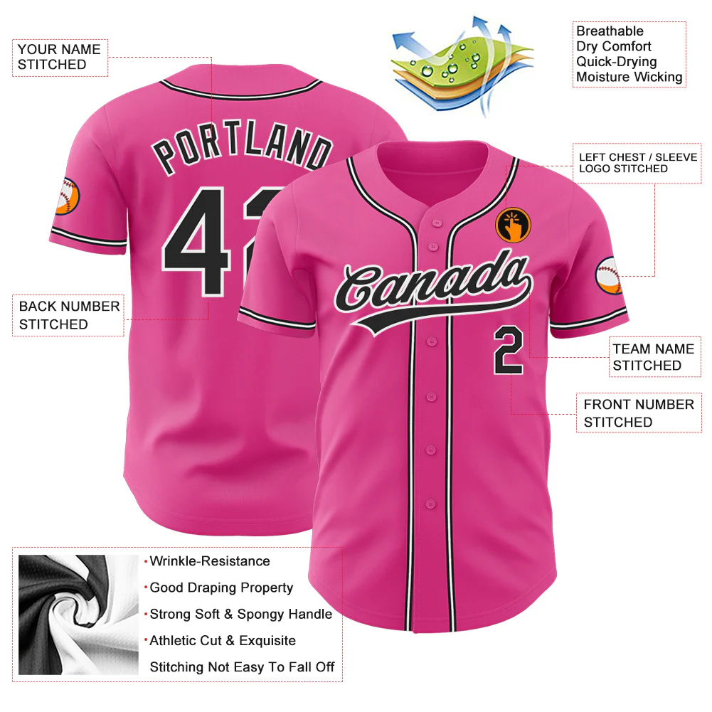 Pink Black White Authentic Baseball Jersey Lifestyle shot of a player wearing the custom pink black white authentic baseball jersey on the field.