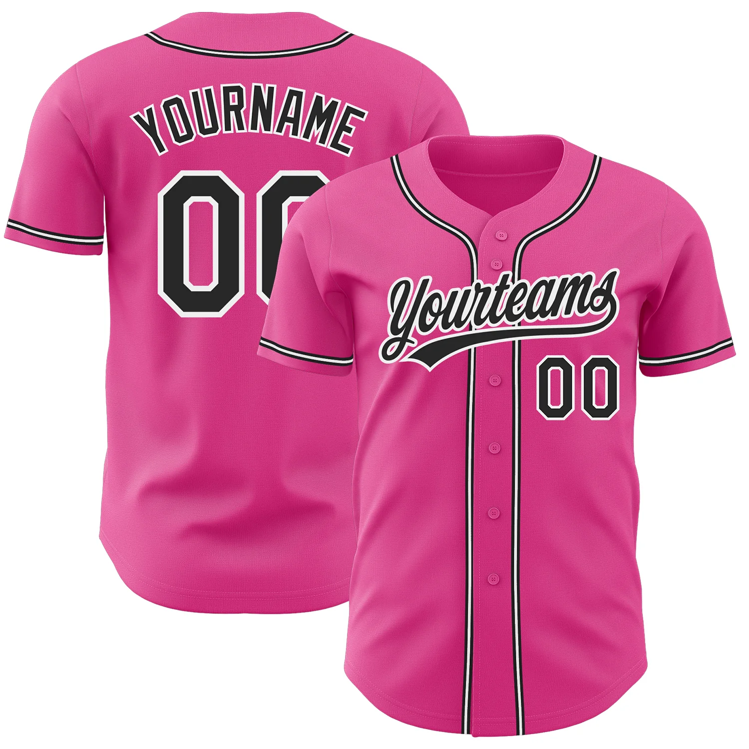 Pink Black White Authentic Baseball Jersey Front view of custom pink black white authentic baseball jersey with team name and number.