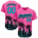 Front view of the pink lakes blue black baseball jersey featuring Miami palm trees and city skyline design.